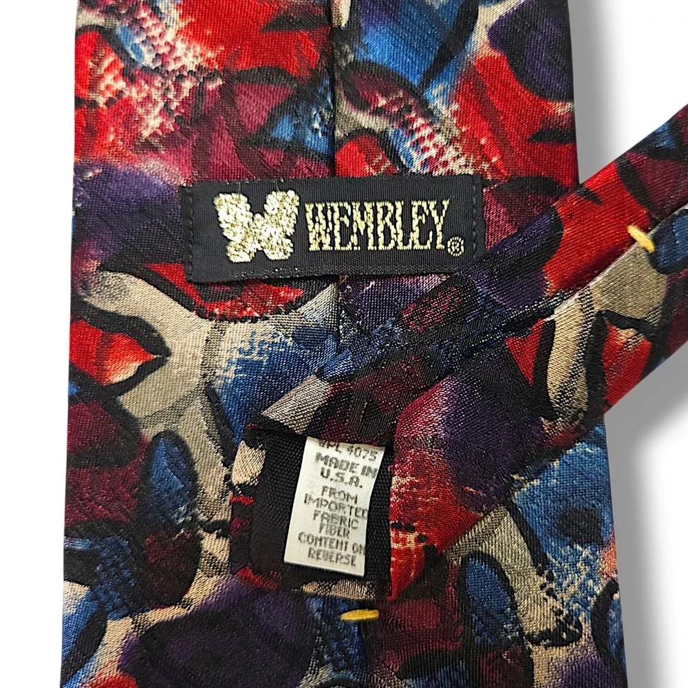 Wembley Vintage Polyester Necktie Abstract Floral Red Blue Purple USA Wide OS
